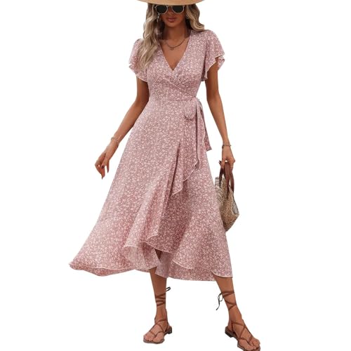 XFSRG Sommerkleid Damen Blumen Kurzarm V Ausschnitt Langes Elegant Rüschen mit Gürtel Maxikleid Freizeitkleider Strandkleid(Rosa/XL) von XFSRG