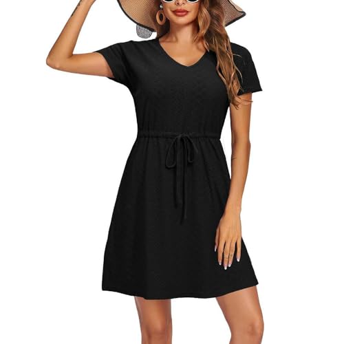 XFSRG Strandkleid Damen Kurzarm V Ausschnitt Sommer Bikini Cover Up Rüschen Lässig Strandponcho Sommerkleid(Schwarz/M) von XFSRG