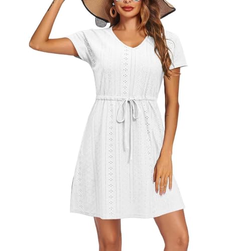 XFSRG Strandkleid Damen Kurzarm V Ausschnitt Sommer Bikini Cover Up Rüschen Lässig Strandponcho Sommerkleid(Weiß/L) von XFSRG