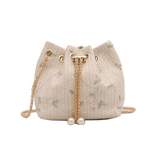 XFSRG Strandtasche Damen Blumen Stroh Boho Mode Sommer Vintage Strohtasche mit Kette für Strand Urlaub Reisen(Weiß) von XFSRG