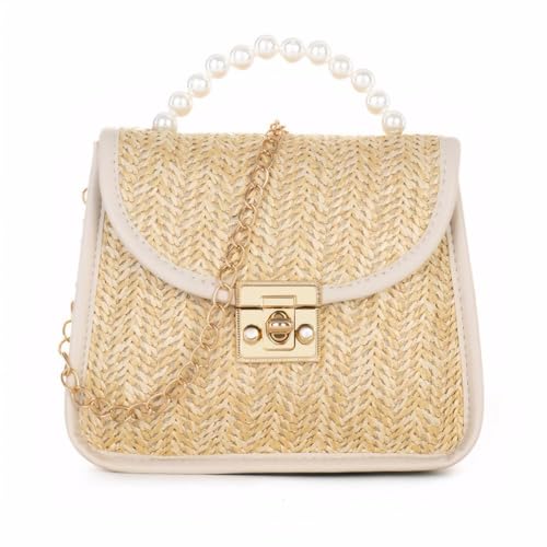 XFSRG Strandtasche Damen Boho Stil Strohtasche Sommer Umhängetasche mit Kette Gewebte Clutch für Strand Urlaub Reisen Hochzeit (Weiß) von XFSRG
