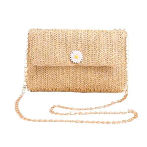 XFSRG Strandtasche Damen Daisy Strohtasche Mode Sommer Umhängetasche Strandhandtasche mit Kette für Hochzeitstasche Party Urlaub(Mandel) von XFSRG