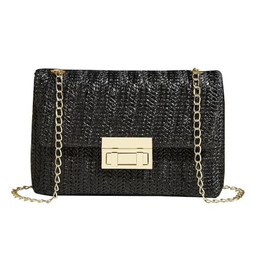 XFSRG Strandtasche Damen Häkeltasche aus Stroh Gewebte Clutch Tote Bag Elegante Umhängetasche mit Kette für Party Bankett Urlaub (Schwarz) von XFSRG