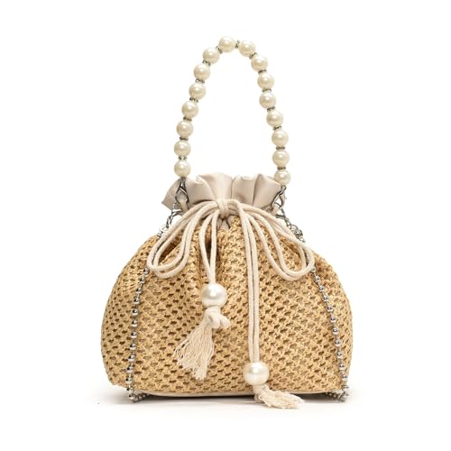 XFSRG Strandtasche Damen Perlen Stroh Clutch Vintage Boho Stil Handtasche Strohtasche mit Kette für Strand Hochzeitstasche Party Urlaub(Beige) von XFSRG