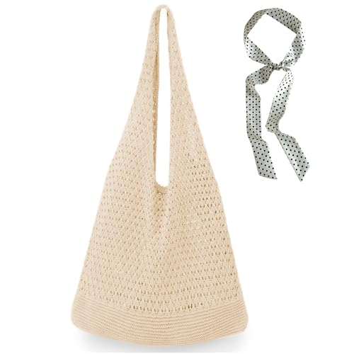 XFSRG Strandtasche Damen Sommer Boho Gehäkelte Tasche Beach Bag Tote Bag Häkeltasche Mesh Strand Tasche Sommertaschen mit Seidentuch für Sommerurlaub Alltag (Beige) von XFSRG