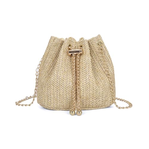 XFSRG Strandtasche Damen Sommer Stroh Handtasche Elegant Vintage Strohtasche mit Kette für Strand Urlaub Reisen(Khaki) von XFSRG