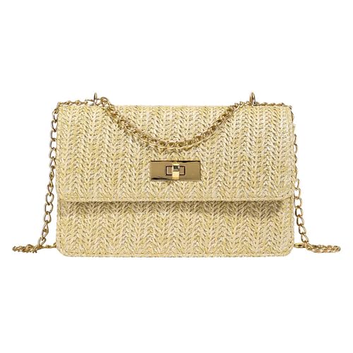 XFSRG Strandtasche Damen Stroh Bohème Crossbody Sommer Elegant Handtasche Strohtasche mit Abnehmbarer Kette für Strand Urlaub Reisen(Khaki) von XFSRG