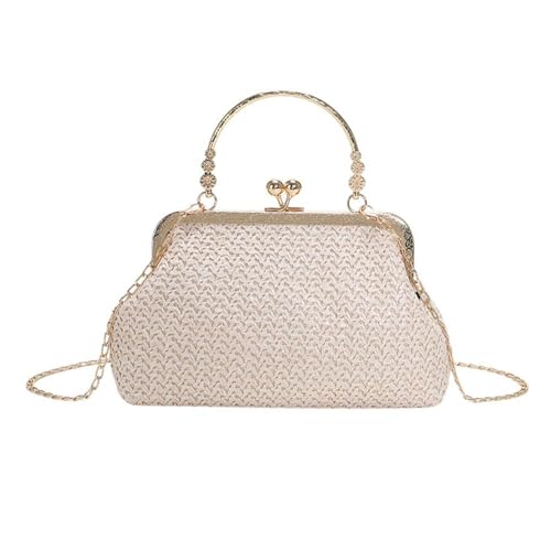 XFSRG Strandtasche Damen Stroh Clutch Abendhandtasche Sommer Gewebt Umhängetasche mit Kette für Party Bankett und Urlaub (Beige) von XFSRG