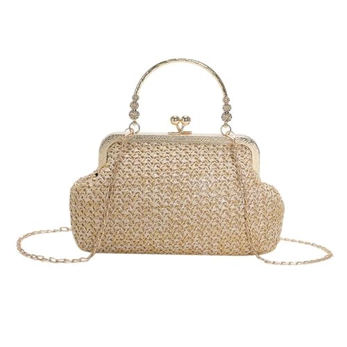 XFSRG Strandtasche Damen Stroh Clutch Abendhandtasche Sommer Gewebt Umhängetasche mit Kette für Party Bankett und Urlaub (Khaki) von XFSRG