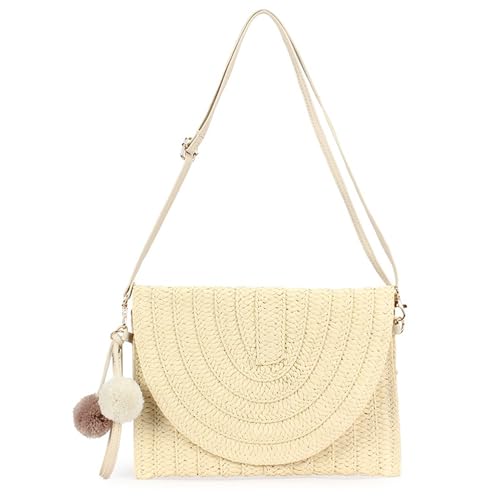XFSRG Strandtasche Damen Stroh Gewebte Handtasche Damen Clutches Bohemian Woven Clutch Gewebte Tasche Klein Hochzeit Abendtasche Straw Beach Bags Sommertaschen Für Mädchen(Beige) von XFSRG