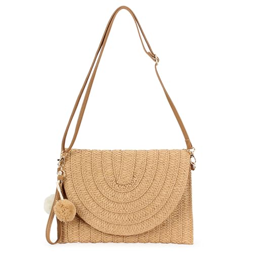 XFSRG Strandtasche Damen Stroh Gewebte Handtasche Damen Clutches Bohemian Woven Clutch Gewebte Tasche Klein Hochzeit Abendtasche Straw Beach Bags Sommertaschen Für Mädchen(Hellbraun) von XFSRG
