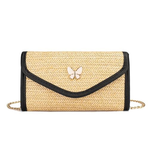 XFSRG Strandtasche Damen Strohtaschen Crossbody Umhängetasche Mode Schultertasche mit Abnehmbarer Kette für Reisen Party und Freizeit (Schwarz) von XFSRG