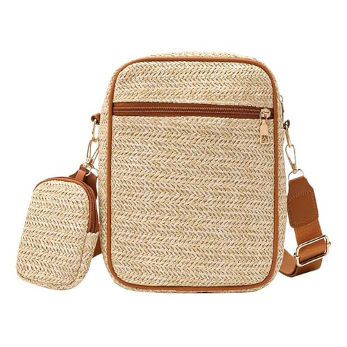 XFSRG Strandtasche Damen Vintage Stroh Umhängetasche Häkeltasche mit Verstellbarem Breitem Gurt Abnehmbarem Schultergurt für Sommer Reisen und Alltag (Braun) von XFSRG