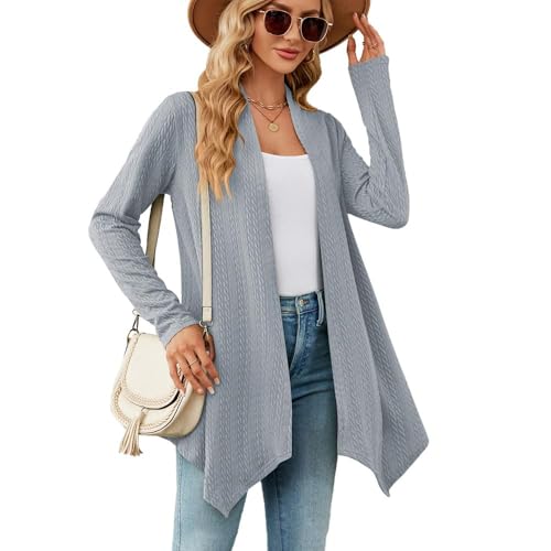 XFSRG Strickjacke Damen Leichte Strick Lang Cardigan Open Front Sweater Herbst Winter Elegant Casual Strickcardigan Pullover(Blaugrau/M) von XFSRG