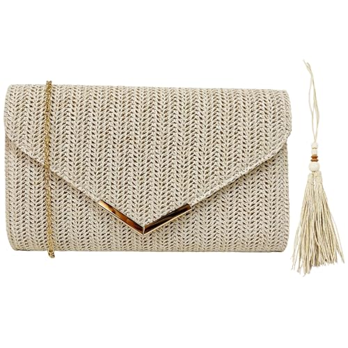 XFSRG Umhängetasche Damen Strohgeflecht Elegante Sommer Strandtasche, Abendtasche, Geflochtene Umhängetasche Beige (Off-White + A) von XFSRG