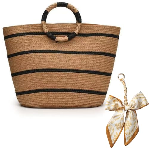 XFSRG Stroh Clutch Handtasche Damen Kleine Korbtasche Beige Tasche Klein für Sommer Strand (Khaki + Schwarz + Orange) von XFSRG