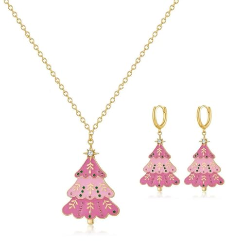 XFSRG Süßes Schmuckset mit Halskette und Ohrringen im Weihnachtsbaum Design als zierlicher vergoldeter Baumelschmuck für Damen mit trendigem Weihnachtslook von XFSRG