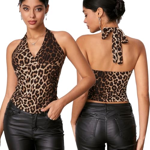 XFSRG Top Damen Y2K Trägertop mit Leopardmuster Festival Outfit Oberteil Neckholder Partytop Strassenmode Neu im Sommer Oberteile Damen（S） von XFSRG