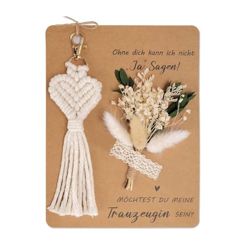 XFSRG Trauzeugin Fragen Geschenk Makramee Schlüsselanhänger mit Sein Karte Trockenblumenstrauß Personalisiertes Geschenkpaket für die Brautjungfer von XFSRG