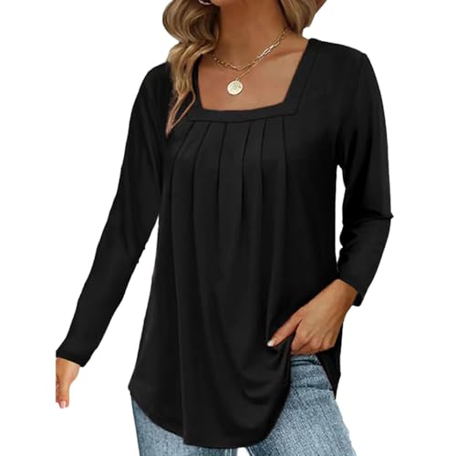 XFSRG Tshirt Damen Elegant Blusen Tunika Quadratischer Ausschnitt Langarm Schickes Plissiert Langarmshirt Lässig Oberteile für Ausgehen (Schwarz L) von XFSRG
