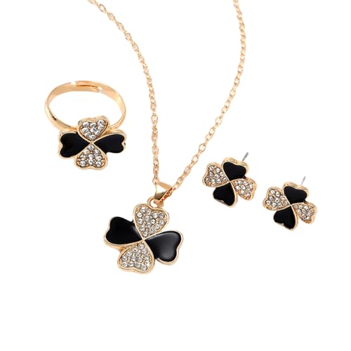 XFSRG VierbläTtriges Schmuckset Damen GlüCksklee Kette Ring und Ohrringe mit Zirkonia Einstellbare Brautschmuck Geschenke für Mädchen Frauen (Schwarz) von XFSRG