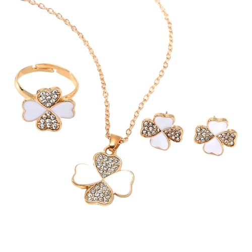 XFSRG VierbläTtriges Schmuckset Damen GlüCksklee Kette Ring und Ohrringe mit Zirkonia Einstellbare Brautschmuck Geschenke für Mädchen Frauen (Weiß) von XFSRG