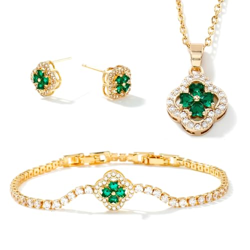 XFSRG Vierblättriges Kleeblatt Schmuckset für Damen Halskette Ohrstecker Armband VierbläTtriges GlüCksklee Schmuckset für Valentinstag Muttertagsgeschenke Geburtstags (Gold) von XFSRG