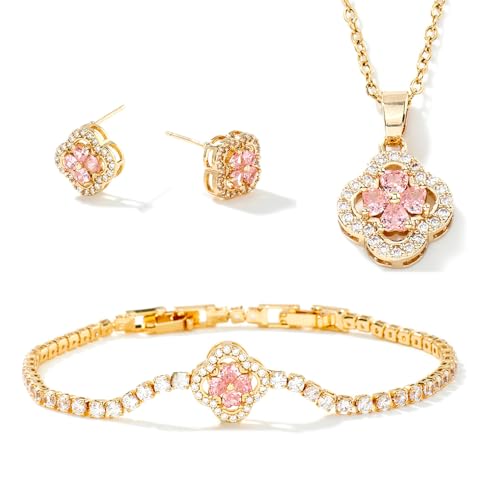 XFSRG Vierblättriges Kleeblatt Schmuckset für Damen Halskette Ohrstecker Armband VierbläTtriges GlüCksklee Schmuckset für Valentinstag Muttertagsgeschenke Geburtstags (Gold-1) von XFSRG