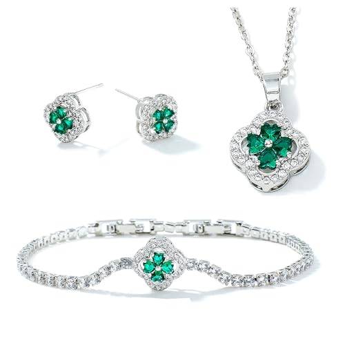 XFSRG Vierblättriges Kleeblatt Schmuckset für Damen Halskette Ohrstecker Armband VierbläTtriges GlüCksklee Schmuckset für Valentinstag Muttertagsgeschenke Geburtstags (Silber) von XFSRG
