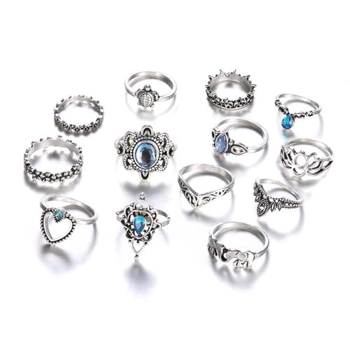 XFSRG Vintage Silber Knöchel Ringe Set für Frauen mit Zirkonia Stapelbar Verstellbar Set Hypoallergene Ringe Ring Schmuck Geschenk (13 Stück), Taglia unica, Metall, Legierung von XFSRG