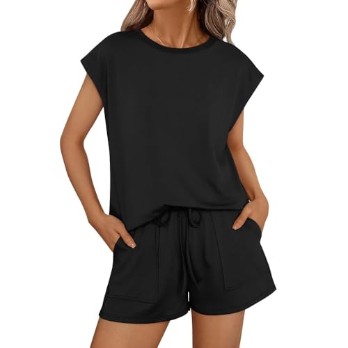 XFSRG Zweiteiler Damen Rundhals Tracksuit Shorts Kurzarm Elegant Hausanzug 2 Teiler Sommer Jogginganzug Trainingsanzug Set(Schwarz/XL) von XFSRG