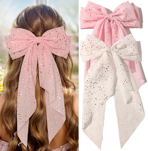 Große Haarschleife für Damen und Mädchen, Chiffon-Schleifen, Haarspangen, übergroßer langer Schwanz, stilvolles Mädchen-Haar-Accessoire, 2 Haarschleifen (weiß und rosa) von XFYUZR