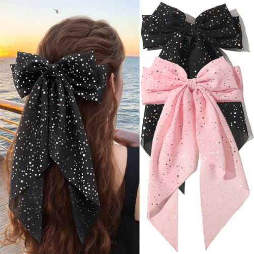 Haarspangen mit Schleife für Damen, große Haarschleife, übergroßer langer Schwanz, schwarz und rosa, Haarschleifen mit Metallclips, ästhetischer Haarschmuck für Mädchen, 2 Stück Haarspangen mit Schleife für Damen, große Haarschleife, übergroßer langer Schwanz, schwarz und rosa, Haarschleifen mit Metallclips, ästhetischer Haarschmuck für Mädchen, 2 Stück von XFYUZR