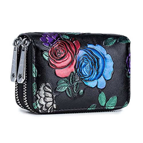 XFZJCHAP WOM -Kartenhalter geteiltes Leder Doppel Reißverschluss Hülle große Kapazität 3D Blumengedruckte Lady Wallets Geldbörse ， Multi -Karten -Anti -RF -Scanfunktion, die Beste Wahl ， The Rose von XFZJCHAP