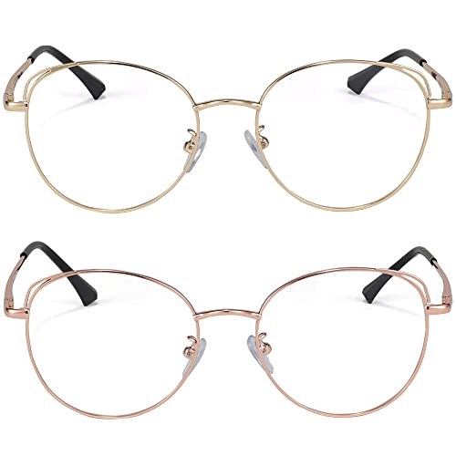 XFentech Blaulichtfilter Brille - Damen Herren UV400 Schutz Klassische Metall Oval Rahmen Klare Linse Brille Dekobrillen Gaming Computerbrillen, C1 Gold + C2 Roségold von XFentech