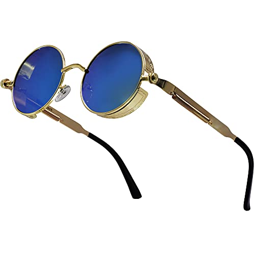 XFentech Klassische Polarisierte Sonnenbrille - Steampunk Sonnenbrille Retro Brillen mit Rundem Metallrahmen UV400 Schutz für Herren Damen, A1 Gold Rahmen - Blau Gläser von XFentech