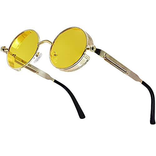 XFentech Klassische Polarisierte Sonnenbrille - Steampunk Sonnenbrille Retro Brillen mit Rundem Metallrahmen UV400 Schutz für Herren Damen, A1 Gold Rahmen - Gelb Gläser von XFentech