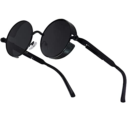 XFentech Klassische Polarisierte Sonnenbrille - Steampunk Sonnenbrille Retro Brillen mit Rundem Metallrahmen UV400 Schutz für Herren Damen, A1 Schwarz Rahmen - Grau Gläser von XFentech