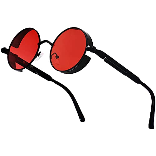 XFentech Klassische Polarisierte Sonnenbrille - Steampunk Sonnenbrille Retro Brillen mit Rundem Metallrahmen UV400 Schutz für Herren Damen, A1 Schwarz Rahmen - Rot Gläser von XFentech