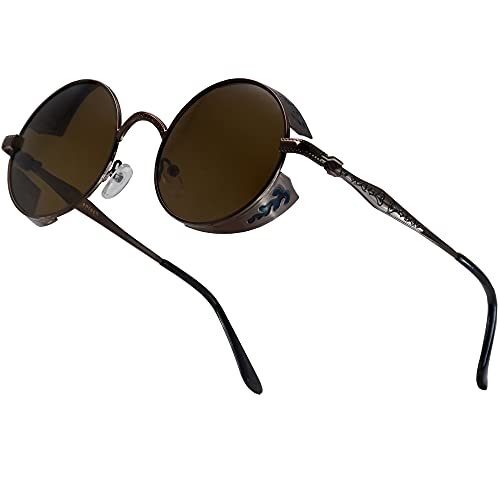 XFentech Klassische Polarisierte Sonnenbrille - Steampunk Sonnenbrille Retro Brillen mit Rundem Metallrahmen UV400 Schutz für Herren Damen, A2 Braun Rahmen - Braun Gläser XFentech Klassische Polarisierte Sonnenbrille - Steampunk Sonnenbrille Retro Brillen mit Rundem Metallrahmen UV400 Schutz für Herren Damen, A2 Braun Rahmen - Braun Gläser von XFentech