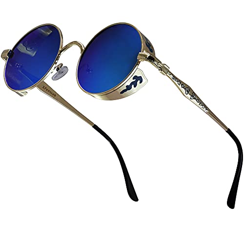 XFentech Klassische Polarisierte Sonnenbrille - Steampunk Sonnenbrille Retro Brillen mit Rundem Metallrahmen UV400 Schutz für Herren Damen, A2 Gold Rahmen - Blau Gläser von XFentech