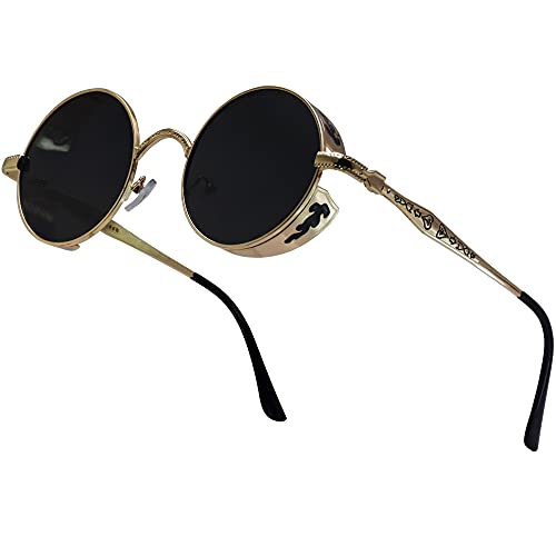 XFentech Klassische Polarisierte Sonnenbrille - Steampunk Sonnenbrille Retro Brillen mit Rundem Metallrahmen UV400 Schutz für Herren Damen, A2 Gold Rahmen - Grau Gläser von XFentech