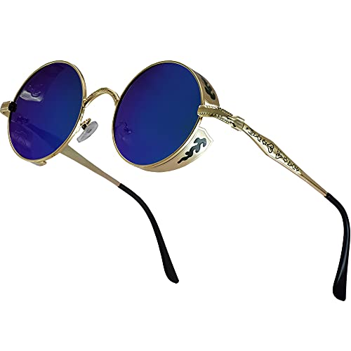 XFentech Klassische Polarisierte Sonnenbrille - Steampunk Sonnenbrille Retro Brillen mit Rundem Metallrahmen UV400 Schutz für Herren Damen, A2 Gold Rahmen - Grün Gläser von XFentech