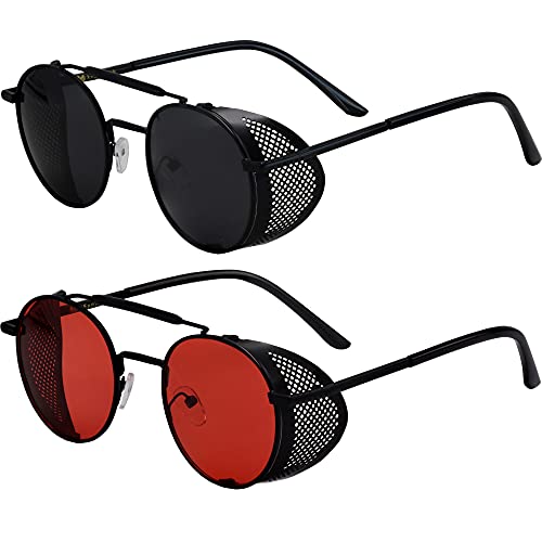 XFentech Polarisiert Sonnenbrillen - 2Pcs Runde Sonnenbrille Steampunk Sonnenbrille mit Metallrahmen für Männer Frauen, A1 Schwarzer Rahmen - Schwarze Linsen+A1 Schwarzer Rahmen - Rote Linsen von XFentech