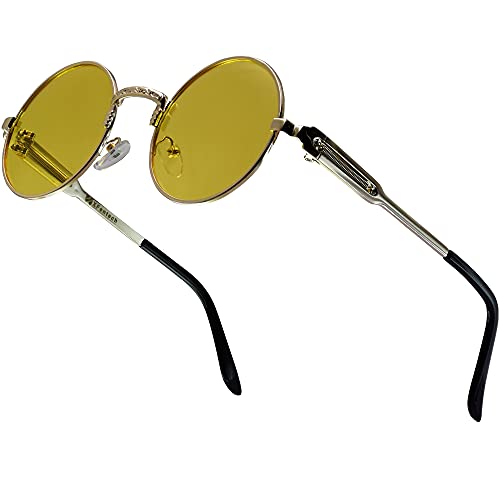 XFentech Sonnenbrille für Männer Frauen - Klassische Mode Runde Polarisierte Steampunk Stil Sonnenbrille UV400 Schutz Matel Frame, B2 Goldrahmen - Gelbe Linsen von XFentech