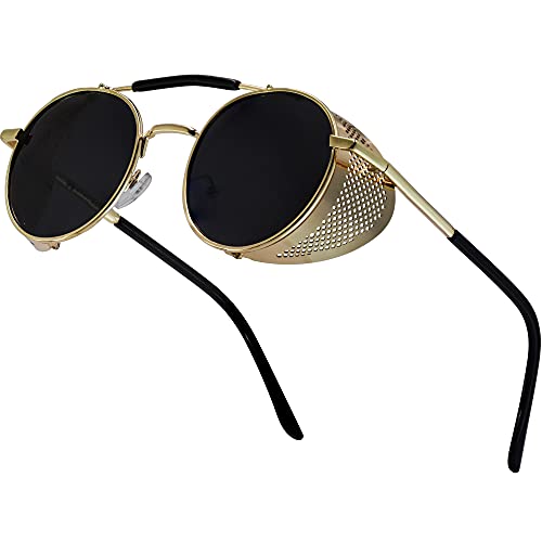 XFentech Steampunk Brille - Runde Polarisierte Retro Vintage Sonnenbrille für Männer Frauen, A1 Goldrahmen - Schwarze Linsen von XFentech