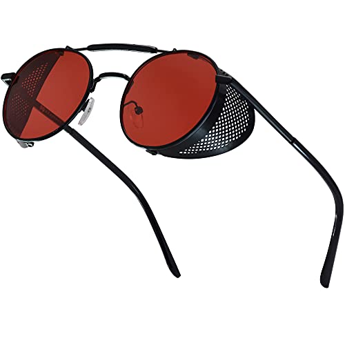 XFentech Steampunk Brille - Runde Polarisierte Retro Vintage Sonnenbrille für Männer Frauen, A1 Schwarzer Rahmen - Rote Linsen von XFentech