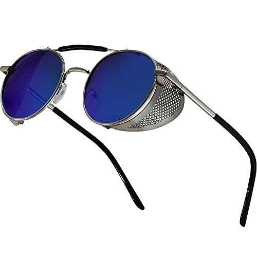 XFentech Steampunk Brille - Runde Polarisierte Retro Vintage Sonnenbrille für Männer Frauen, A1 Silber Rahmen - Grüne Linsen von XFentech