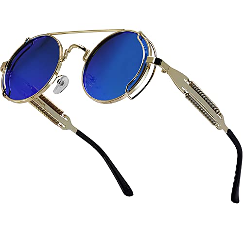 XFentech Vintage Ovale Sonnenbrille - Retro Sonnenbrille Steampunk Stil Runde Metallrahmen Polarisiert Brille für Herren Damen, B1 Goldrahmen - Blaue Linsen XFentech Vintage Ovale Sonnenbrille - Retro Sonnenbrille Steampunk Stil Runde Metallrahmen Polarisiert Brille für Herren Damen, B1 Goldrahmen - Blaue Linsen von XFentech