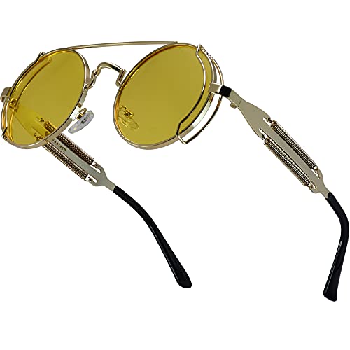 XFentech Vintage Ovale Sonnenbrille - Retro Sonnenbrille Steampunk Stil Runde Metallrahmen Polarisiert Brille für Herren Damen, B1 Goldrahmen - Gelbe Linsen von XFentech